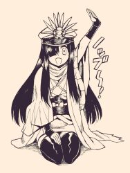 Rule 34 | 1girl, :d, arm up, asymmetrical bangs, commentary, fate/grand order, fate (series), full body, gloves, hair over one eye, hand on lap, haori, hat, humanization, japanese clothes, kimono, long hair, long sleeves, mini nobu (fate), monochrome, oda uri, open mouth, seiza, simple background, sitting, smile, solo, thighhighs, touma rui, wide sleeves