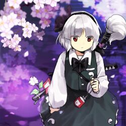 Rule 34 | 1girl, black hairband, black ribbon, cherry blossoms, closed mouth, collared shirt, commentary request, expressionless, eyes visible through hair, flat chest, flower, green skirt, green vest, hair ribbon, hairband, highres, holding, kaigen 1025, konpaku youmu, long sleeves, neck ribbon, red eyes, ribbon, shirt, short hair, skirt, solo, sword, touhou, vest, weapon, weapon on back, white flower, white hair, white shirt