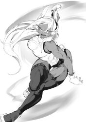 Rule 34 | 1girl, animal ears, bare shoulders, boku no hero academia, breasts, clothing cutout, crescent print, dark-skinned female, dark skin, floating hair, fur collar, gloves, greyscale, hair between eyes, highleg, highleg leotard, highres, large breasts, leaning forward, leotard, long eyelashes, long hair, looking at viewer, mirko, monochrome, omanju25, open mouth, rabbit ears, rabbit girl, rabbit tail, sleeveless turtleneck leotard, smile, solo, tail, tail through clothes, taut leotard, thick thighs, thigh gap, thighhighs, thighs, toned female, very long hair