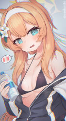 Rule 34 | 1girl, @ @, alternate costume, animal ears, bag, bikini, bikini top only, black bikini, blue archive, blue eyes, bottle, breasts, cat ears, cat girl, chromatic aberration, cleavage, collarbone, commentary request, flower, flying sweatdrops, hair between eyes, hair flower, hair ornament, halo, headband, highres, holding, holding bottle, jacket, long hair, long sleeves, looking at viewer, low ponytail, mari (blue archive), mari (track) (blue archive), medium breasts, midriff, open clothes, open jacket, orange hair, plastic bottle, saebashi, shoulder bag, sidelocks, simple background, sleeveless, solo, sweat, swimsuit, water bottle