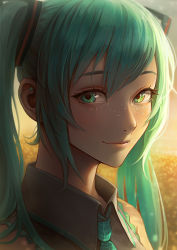 Rule 34 | 1girl, bad id, bad pixiv id, bare shoulders, blurry, blurry background, closed mouth, ear piercing, freckles, green hair, green necktie, hair ornament, hatsune miku, kazuko (towa), light particles, long hair, looking at viewer, necktie, piercing, portrait, sidelocks, sleeveless, smile, solo, twintails, vocaloid, yellow background