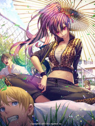 Rule 34 | 1girl, 2010, 2016, 4boys, dated, day, furyou michi ~gang road~, hair ribbon, highres, indian style, midriff, multiple boys, nail polish, navel, oil-paper umbrella, original, osuk2, outdoors, parted lips, ponytail, purple eyes, purple hair, rain, ribbon, running, sitting, sitting on person, smile, solo focus, tank top, track suit, umbrella