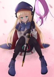 Rule 34 | 1girl, absurdres, artoria caster (fate), artoria caster (second ascension) (fate), artoria pendragon (fate), belt, beret, black bow, black gloves, black pantyhose, blonde hair, blue belt, blue cloak, blue hat, blush, boots, bow, buttons, cloak, collared shirt, fate/grand order, fate (series), flower, full body, gem, gloves, gold trim, green eyes, green gemstone, hair bow, hat, highres, holding, long hair, macototo, multicolored cloak, pantyhose, petals, pink flower, pink ribbon, purple bow, purple footwear, ribbon, shirt, sitting, skirt, solo, twintails, white background, white shirt, white skirt