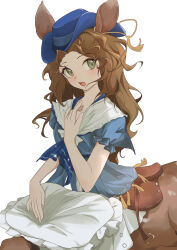 Rule 34 | 1girl, absurdres, animal ears, blue hat, blue sash, blue shirt, brown hair, centauroid, chi jiecao de tianshi, chinese commentary, commentary request, cowboy shot, deer ears, deer girl, fedora, green eyes, hair down, hand up, hat, highres, jessica (reverse:1999), jessica (voyage from your bed) (reverse:1999), long hair, looking at viewer, monster girl, official alternate costume, open mouth, parted bangs, pillow, reverse:1999, saddle, sailor collar, sash, shirt, short sleeves, shorts, sidelocks, simple background, sitting, solo, taur, wavy hair, white background, white sailor collar, white shorts