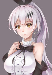 Rule 34 | 1girl, absurdres, arm at side, armpit peek, bare shoulders, black jacket, blouse, blush, bow, breasts, brown eyes, buttons, clark (159123), cleavage, collarbone, crescent, crescent earrings, earrings, five-seven (girls&#039; frontline), girls&#039; frontline, grey background, hair between eyes, hair ornament, hair ribbon, hairclip, highres, holding, holding bow (ornament), jacket, jewelry, large breasts, long hair, looking at viewer, off shoulder, parted lips, ponytail, ribbon, shirt, sidelocks, silver hair, simple background, sleeveless, sleeveless shirt, smile, solo, very long hair, white shirt
