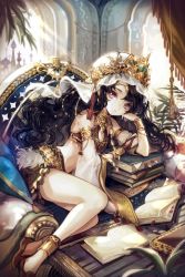 Rule 34 | 1girl, anklet, arabian clothes, armlet, black hair, book, chair, head rest, detached sleeves, devil maker, jewelry, long hair, lying, myuneca, on side, open book, plant, purple eyes, scheherazade (devil maker), shoes, skirt, solo, wavy hair