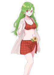 Rule 34 | 1girl, adapted costume, bikini, breasts, cleavage, closed mouth, collarbone, commentary request, expressionless, feet out of frame, flower, green hair, hand up, highres, jacket, kazami yuuka, long hair, looking at viewer, medium breasts, open clothes, open jacket, parted bangs, plaid, plaid bikini, plaid skirt, red eyes, simple background, skirt, solo, standing, sunflower, swimsuit, tohoyuukarin, touhou, very long hair, white background, white jacket, yellow flower