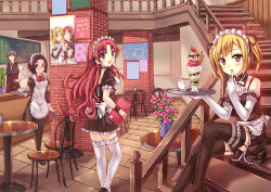 Rule 34 | 1boy, 3girls, :d, bad id, bad pixiv id, black hair, blonde hair, brown eyes, chair, finger to mouth, flower, food, glasses, hand on own hip, hip focus, holding, ice cream, looking at viewer, maid, maid headdress, multiple girls, open mouth, original, pantyhose, peach88, plant, potted plant, red eyes, red hair, sitting, smile, stairs, standing, sundae, table, thighhighs, tray, twintails, white legwear