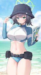 Rule 34 | 1girl, absurdres, artist name, beach, belt, bikini, bikini bottom only, black hat, blue archive, blue bikini, blue sky, blush, breasts, bucket hat, closed mouth, cloud, day, expressionless, green eyes, green halo, halo, hand on headwear, hat, highres, holding, holding map, jacket, large breasts, lens flare, long sleeves, looking at viewer, map, multicolored clothes, multicolored jacket, navel, official alternate costume, outdoors, purple hair, raglan sleeves, rash guard, rynzfrancis, saki (blue archive), saki (swimsuit) (blue archive), short hair, sky, solo, stomach, swimsuit, thighs, two-tone jacket, utility belt