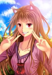 Rule 34 | 1girl, animal ears, blush, brown hair, cloud, day, highres, holo, leaf, long hair, mountain, red eyes, roland-gin, rope, sky, smile, solo, spice and wolf, tail, wolf ears