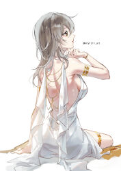 1girl alternate_costume arm_support armlet back backless_dress backless_outfit bare_back bare_shoulders bracelet breasts cleavage dress grey_hair highres honkai:_star_rail honkai_(series) jewelry kity1211_tetsu long_hair sideboob simple_background sitting solo stelle_(honkai:_star_rail) thighlet trailblazer_(honkai:_star_rail) white_background white_dress yellow_eyes