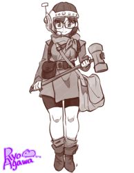 Rule 34 | 1990s (style), 1girl, agawa ryou, ankle boots, artist name, bad id, bad tumblr id, bag, belt, belt pouch, bike shorts, boots, chrono (series), chrono trigger, glasses, greyscale, headset, helmet, loose socks, lucca ashtear, mallet, monochrome, pouch, retro artstyle, satchel, short hair, smile, socks, solo, weapon