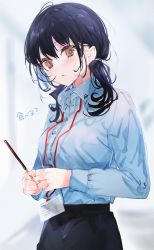 Rule 34 | 1girl, black hair, black skirt, blue shirt, blurry, blurry background, blush, brown eyes, collared shirt, food, highres, holding, holding food, holding pocky, long hair, long sleeves, looking at viewer, office lady, original, parted lips, pencil skirt, pocky, shia job, shirt, skirt, solo, standing, twintails