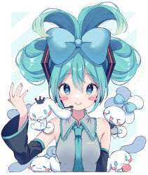 Rule 34 | 1girl, 4others, alternate hairstyle, aqua eyes, aqua hair, aqua nails, aqua necktie, bare shoulders, black sleeves, blue bow, blush, borrowed hairstyle, bow, cinnamiku, cinnamoroll, collared shirt, commentary, cosplay, creature, cupcake, detached sleeves, folded twintails, food, grey shirt, hair between eyes, hair bow, hair ornament, hand up, hatsune miku, hatsune miku (cosplay), headphones, headset, heart, heart-shaped pupils, highres, holding, holding food, long hair, looking at viewer, microphone, multiple others, necktie, paya (alunair), sanrio, shirt, sidelocks, sleeveless, sleeveless shirt, smile, symbol-shaped pupils, upper body, vocaloid