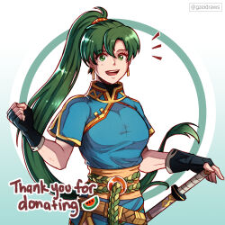 Rule 34 | 1girl, :d, black gloves, blue dress, breasts, clenched hand, commentary, dress, earrings, english commentary, fingerless gloves, fire emblem, fire emblem: the blazing blade, gloves, green eyes, green hair, gzei, highres, jewelry, long hair, looking at viewer, lyn (fire emblem), medium breasts, nintendo, open mouth, ponytail, scabbard, sheath, sheathed, short sleeves, smile, solo, sword, upper body, very long hair, weapon
