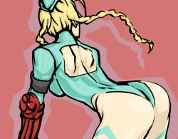 Rule 34 | 1990s (style), 1girl, armband, armor, ass, back cutout, bb (baalbuddy), bent over, blonde hair, blue leotard, bodypaint, braid, cammy white, capcom, clothing cutout, from behind, garrison cap, hat, japanese armor, kote, leotard, long hair, solo, street fighter, street fighter zero (series), thong leotard, twin braids