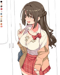 Rule 34 | 1girl, :d, bag, between breasts, black thighhighs, blush, bow, bowtie, breasts, brown hair, cleavage, collarbone, collared shirt, color guide, dress shirt, earrings, idolmaster, idolmaster cinderella girls, index finger raised, jacket, jewelry, large breasts, long hair, long sleeves, money, one side up, open clothes, open jacket, open mouth, partially unbuttoned, plaid, plaid skirt, pleated skirt, prostitution, red bow, red bowtie, red skirt, school bag, school uniform, shimamura uzuki, shirt, sidelocks, skirt, smile, solo, sweatdrop, thighhighs, thighs, toriga naku, tucked money, unbuttoned, unbuttoned shirt, white shirt, yellow eyes