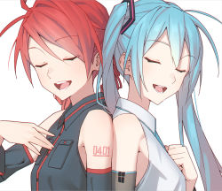 Rule 34 | 2girls, ahoge, aqua hair, aqua necktie, armpit crease, back-to-back, bare shoulders, black shirt, black sleeves, breast pocket, clenched hand, detached sleeves, drill hair, closed eyes, facing viewer, from side, hair ornament, hand on own chest, hatsune miku, highres, kasane teto, long hair, multiple girls, music, necktie, open mouth, pocket, red hair, shirt, shoulder tattoo, singing, sleeveless, sleeveless shirt, tattoo, twintails, upper body, utau, vocaloid, white background, white shirt, yasutange