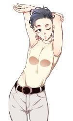 Rule 34 | 1girl, armpits, belt, black hair, blue eyes, commentary request, dekapoi, earrings, eyelashes, grey pants, highres, jewelry, looking to the side, one eye closed, original, pants, short hair, simple background, solo, standing, stretching, sweater, turtleneck, turtleneck sweater, undercut, white background