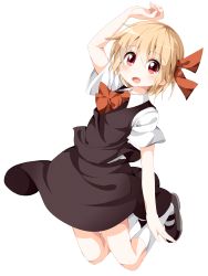 Rule 34 | 1girl, arched back, arm above head, ascot, blonde hair, fang, full body, hair ribbon, kneehighs, looking at viewer, mary janes, open mouth, red eyes, ribbon, rumia, ruu (tksymkw), shoes, short hair, short sleeves, simple background, skirt, skirt set, socks, solo, touhou, white background, white socks