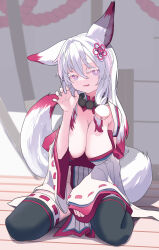 Rule 34 | 1girl, absurdres, animal ears, bead necklace, beads, bell, black thighhighs, breasts, bright pupils, cleavage, colored eyelashes, detached sleeves, eyes visible through hair, fang, fox ears, fox girl, fox tail, hair bell, hair between eyes, hair intakes, hair ornament, hand up, highres, jewelry, jingle bell, large breasts, long hair, long sleeves, multicolored hair, multicolored tail, nazuna (sequel awake), necklace, open mouth, purple eyes, red hair, red tail, ribbon-trimmed sleeves, ribbon-trimmed thighhighs, ribbon trim, sequel (series), sequel awake, sitting, skin fang, solo, tail, thighhighs, two-tone hair, two-tone tail, white hair, white pupils, white sleeves, white tail, wide sleeves, yu xian (pixiv35650109)
