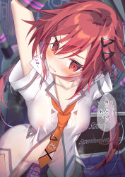 Rule 34 | 1girl, arms up, blush, choujigen game neptune, hair ornament, hairclip, long hair, low twintails, mintice (asatsukimint), necktie, neptune (series), nipples, orange eyes, orange hair, restrained, see-through, sex machine, short sleeves, solo, stationary restraints, tennouboshi uzume, twintails, very long hair