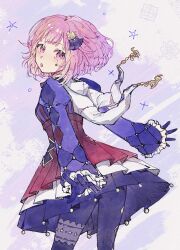 Rule 34 | 1girl, blush, dogdogwanwan, dress, facial mark, gloves, highres, long sleeves, looking at viewer, looking back, multicolored background, multicolored clothes, multicolored dress, ootori emu, open mouth, pants, pink eyes, pink hair, project sekai, purple background, purple dress, purple gloves, purple pants, red dress, scarf, solo, star (symbol), star facial mark, white background, white dress, white scarf