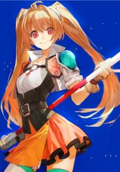 Rule 34 | 1girl, ahoge, armor, blurry, brown hair, cropped jacket, depth of field, eiyuu densetsu, estelle bright, gloves, hair intakes, highres, holding, holding polearm, holding weapon, jacket, long hair, looking at viewer, nishihara isao, polearm, red eyes, shoulder armor, single pauldron, skirt, smile, solo, sora no kiseki, pauldrons, thighhighs, twintails, very long hair, weapon