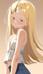 Rule 34 | 1girl, absurdres, bare shoulders, blonde hair, blush, camisole, colored eyelashes, commentary request, crop top, denim, denim shorts, gakuen idolmaster, gradient background, highres, idolmaster, long hair, looking at viewer, looking to the side, midriff, orange eyes, shiguren 39, shinosawa hiro, shorts, simple background, smile, solo, very long hair, white camisole