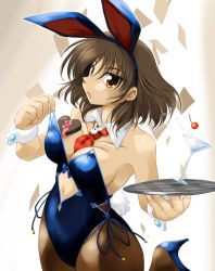 Rule 34 | 1girl, animal ears, bow, bowtie, breasts, brown eyes, brown hair, cherry, chocolate, cleavage, commentary request, cuff links, detached collar, fake animal ears, female focus, fishnet pantyhose, fishnets, food, fruit, glass, gradient background, heart, high heels, leotard, looking at viewer, open mouth, original, pantyhose, playboy bunny, rabbit ears, rabbit tail, ranbu hararin, solo, tail, tray