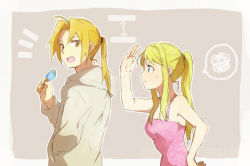 Rule 34 | 00s, 1boy, 1girl, ^^^, annoyed, arrow (symbol), blonde hair, blue eyes, earrings, edward elric, food, fullmetal alchemist, height difference, ice cream, jewelry, open mouth, ponytail, riru, squiggle, surprised, winry rockbell, yellow eyes