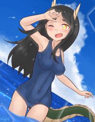 Rule 34 | 1girl, absurdres, black hair, blue one-piece swimsuit, blush, bookmarkahead, breasts, cameltoe, cleft of venus, collarbone, covered erect nipples, covered navel, dragon girl, dragon horns, dragon tail, highres, horns, long hair, medium breasts, one-piece swimsuit, one eye closed, outdoors, school swimsuit, sky, solo, strike witches, swimsuit, tail, utaunomiya tatsuko, world witches series, yellow eyes