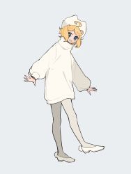 Rule 34 | 1girl, ahoge, ahoge wag, blonde hair, blue eyes, blush, expressive hair, full body, highres, kisaragi yuu (fallen sky), long sleeves, looking at viewer, original, parted lips, short hair, signature, simple background, smile, solo, standing, sweater, turtleneck, turtleneck sweater, white background, white footwear, white sweater