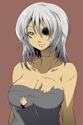 Rule 34 | 1girl, bags under eyes, bare shoulders, breasts, cleavage, collar, collarbone, frown, highres, jewelry, kara age, large breasts, long hair, missing eye, monster girl, original, scar, short hair, solo, stitches, torn clothes, upper body, white hair, yellow eyes, zombie
