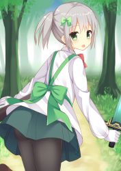 Rule 34 | 1girl, apron, bad id, bad pixiv id, black pantyhose, blue sky, bow, bowtie, brown footwear, collared shirt, commentary request, day, forest, from behind, gloves, green apron, green bow, green eyes, green skirt, grey hair, hair between eyes, hair bow, holding, holding sword, holding weapon, long sleeves, looking at viewer, looking back, nature, original, outdoors, pantyhose, path, pleated skirt, red bow, red bowtie, road, scabbard, sheath, shirt, shoes, side ponytail, sidelocks, skirt, sky, solo, standing, standing on one leg, sword, tareme, tree, usagino suzu, weapon, white gloves, white shirt