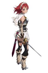 Rule 34 | 00s, 1girl, absurdres, artist request, capelet, cecily cambell, female focus, full body, headdress, highres, official art, red eyes, red hair, seiken no blacksmith, sheath, simple background, skirt, solo, source request, sword, thighhighs, torn clothes, torn thighhighs, weapon, white background