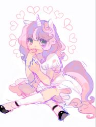 Rule 34 | 1girl, animal ears, child, dress, heart, kneehighs, mary janes, matsusaka, multicolored hair, my little pony, my little pony: friendship is magic, personification, pink hair, shoes, short dress, sitting, socks, solo, sweetie belle, tail, white dress, white socks