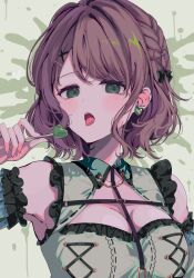 Rule 34 | 1girl, bang dream!, braid, breasts, brown hair, candy, cleavage, cleavage cutout, clothing cutout, commentary request, detached sleeves, earrings, food, french braid, green eyes, hair ornament, heart, heart earrings, highres, jewelry, large breasts, lollipop, looking at viewer, meu203, open mouth, short hair, sleeveless, solo, teeth, tongue, tongue out, upper body, upper teeth only, x hair ornament, yamato maya