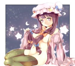 Rule 34 | 1girl, bow, breasts, crescent, hair bow, hair censor, hair ornament, hat, hat bow, long hair, long sleeves, looking at viewer, midriff, mob cap, navel, no bra, no panties, open clothes, patchouli knowledge, pink eyes, puffy sleeves, purple hair, sitting, solo, star (symbol), teitowawa, thighhighs, touhou, wide sleeves