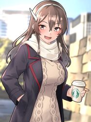 Rule 34 | 1girl, alternate costume, ashigara (kancolle), blush, breasts, brown eyes, brown hair, coat, coffee cup, cup, day, disposable cup, furaggu (frag 0416), hairband, highres, jacket, kantai collection, long hair, long sleeves, looking at viewer, medium breasts, open mouth, scarf, smile, solo, sweater, upper body, wavy hair, white hairband