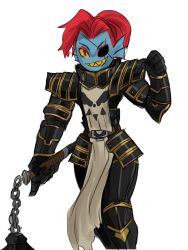 Rule 34 | 1girl, armor, eyepatch, female focus, grin, highres, looking at viewer, red eyes, red hair, short hair, simple background, smile, solo, undertale, undyne, upper body, walking, weapon, white background, zanamaoria