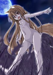 Rule 34 | 1girl, :d, animal ears, brown hair, full moon, holo, long hair, looking at viewer, moon, navel, night, no nipples, nude, open mouth, pussy, r.stars, red eyes, smile, solo, spice and wolf, tail, uncensored, wolf ears, wolf tail