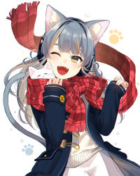 Rule 34 | 1girl, ;d, animal, animal ear fluff, animal ears, blue coat, blunt bangs, blush, bow, brown hair, cat, cat ears, cat girl, cat tail, coat, commentary request, cowboy shot, duffel coat, fangs, headphones, highres, implied extra ears, jill 07km, long sleeves, looking at viewer, multicolored hair, one eye closed, open clothes, open coat, open mouth, original, paw print, paw print background, red bow, red scarf, scarf, silver hair, skirt, sleeves past wrists, smile, solo, sweater, tail, teeth, two-tone hair, upper teeth only, white background, white skirt, white sweater, yellow eyes