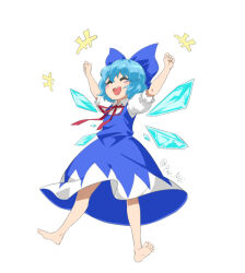 Rule 34 | +++, 1girl, :d, ^ ^, arms up, barefoot, blue bow, blue dress, blue hair, blue wings, blush stickers, bow, cirno, closed eyes, collared shirt, detached wings, dress, full body, hair between eyes, hair bow, ice, ice wings, neck ribbon, nejikyuu, open mouth, puffy short sleeves, puffy sleeves, red ribbon, ribbon, shirt, short sleeves, simple background, sleeveless, sleeveless dress, smile, soles, solo, touhou, twitter username, white background, white shirt, wings