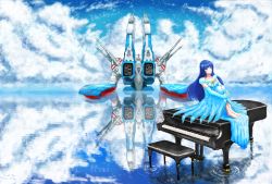 Rule 34 | 1girl, absurdres, chair, choujikuu yousai macross, cloud, codealdnoah, commentary, dress, elbow gloves, energy cannon, english commentary, gloves, highres, huge filesize, instrument, lake, long dress, looking at viewer, lynn minmay, macross, mecha, ocean, piano, reflection, robot, robotech, science fiction, sitting, songstress, spacecraft, storm attacker, water