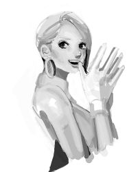 Rule 34 | 1girl, earrings, female focus, gloves, hira (meteoric), jewelry, miss valentine, monochrome, one piece, short hair, simple background, sleeveless, smile, solo