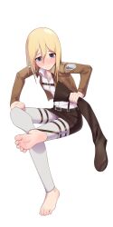 Rule 34 | 1girl, barefoot, blonde hair, blue eyes, blush, boots, brown footwear, brown jacket, closed mouth, collared jacket, collared shirt, commission, feet, female focus, hair between eyes, hand on own thigh, harness, highres, holding, holding clothes, holding footwear, invisible chair, jacket, krista lenz, long sleeves, maidforge, medium hair, pants, shingeki no kyojin, shirt, simple background, sitting, soles, solo, thigh boots, thigh strap, toes, unworn boots, white background, white pants, white shirt