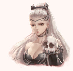Rule 34 | 1girl, artist name, aztodio, black gloves, breasts, choker, cleavage, commentary, dated, detached sleeves, dress, earrings, eir (fire emblem), elbow gloves, english commentary, eyelashes, fire emblem, fire emblem heroes, gloves, grey eyes, hair ornament, highres, holding, holding skull, jewelry, long hair, looking at viewer, medium breasts, nintendo, ponytail, silver hair, skull, solo, very long hair