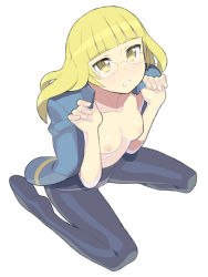 Rule 34 | 00s, 1girl, blonde hair, breasts, crotch seam, glasses, itsumo nokoru, kneeling, long hair, open clothes, open shirt, panties, panties under pantyhose, pantyhose, perrine h. clostermann, shirt, small breasts, solo, strike witches, underwear, world witches series, yellow eyes