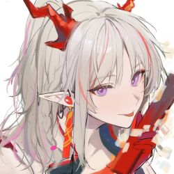 Rule 34 | 1girl, :p, arknights, chinese commentary, close-up, commentary request, dragon girl, dragon horns, earrings, grey hair, horns, jewelry, long hair, looking at viewer, multicolored hair, nian (arknights), pink eyes, pink hair, pointy ears, portrait, red hair, shishan979 (seleneebai), simple background, sketch, smile, solo, streaked hair, tongue, tongue out, white background